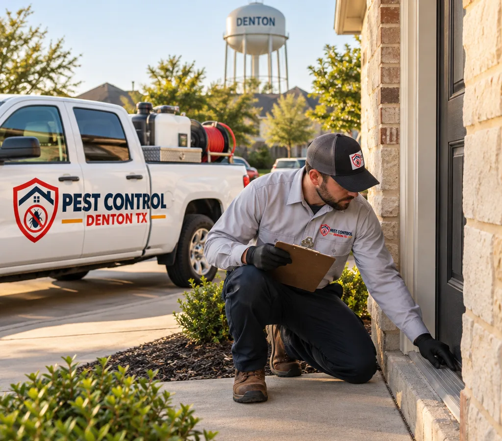 Uniformed pest technician inspecting foundation entry points and door thresholds at a Denton-area home