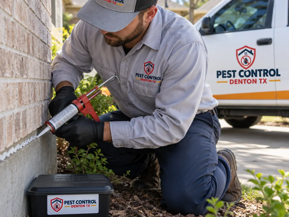 Technician sealing an exterior gap and placing a labeled tamper-resistant bait station along a foundation
